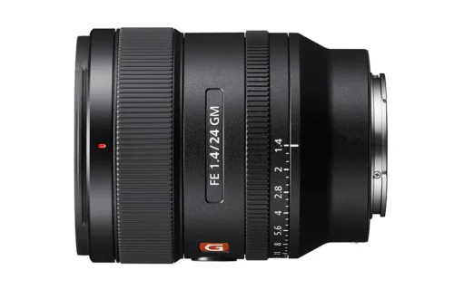 Sony's thoughtfully named SEL24F14GM shown from the side.