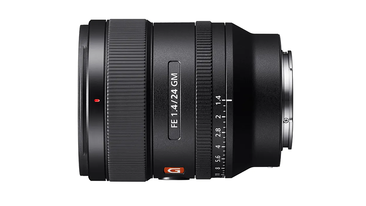 Sony's thoughtfully named SEL24F14GM shown from the side.