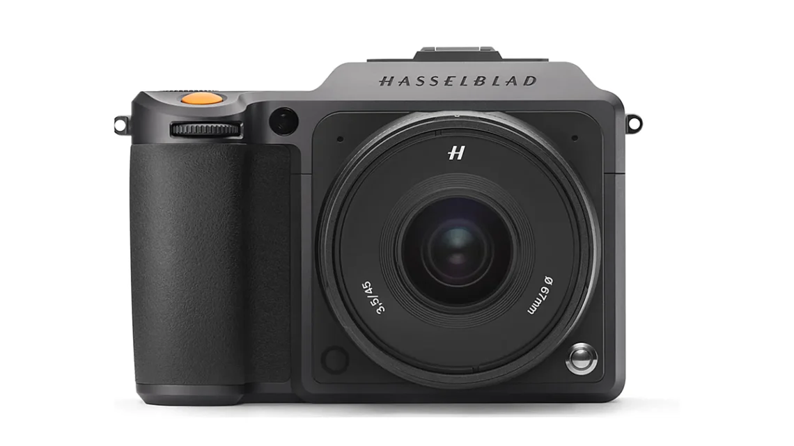 Hasselblad X1D II front on with a lens attached.