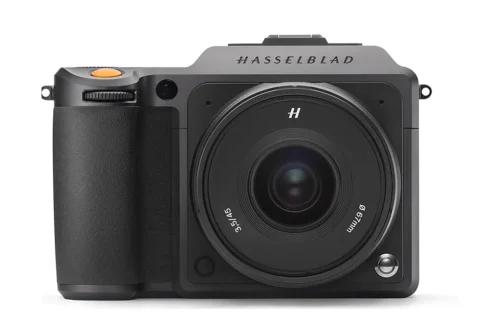 Hasselblad X1D II front on with a lens attached.