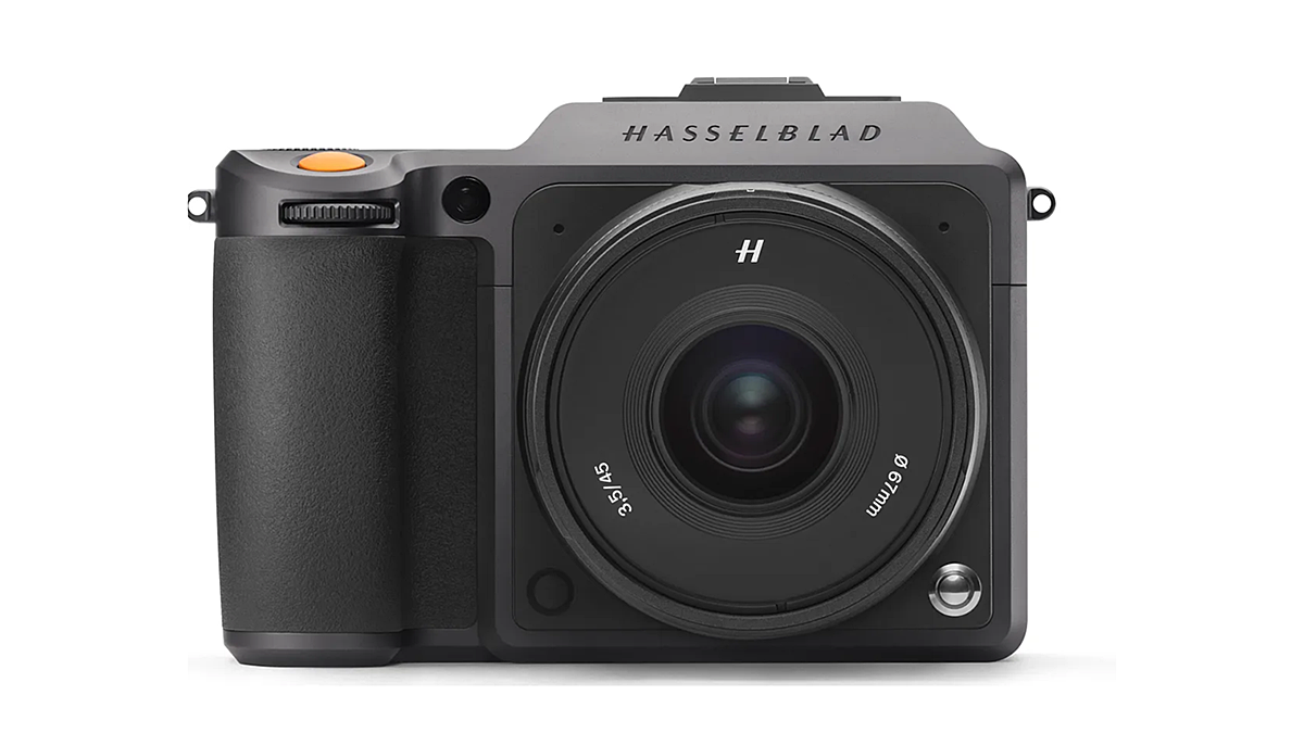 Hasselblad X1D II front on with a lens attached.