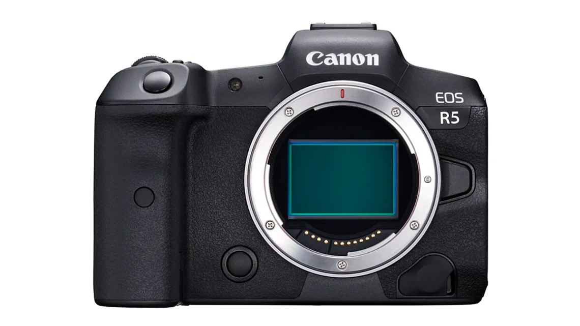 Canon EOS R5 no lens and shutter open revealing the 45 MP CMOS