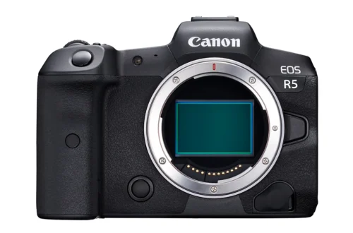Canon EOS R5 no lens and shutter open revealing the 45 MP CMOS