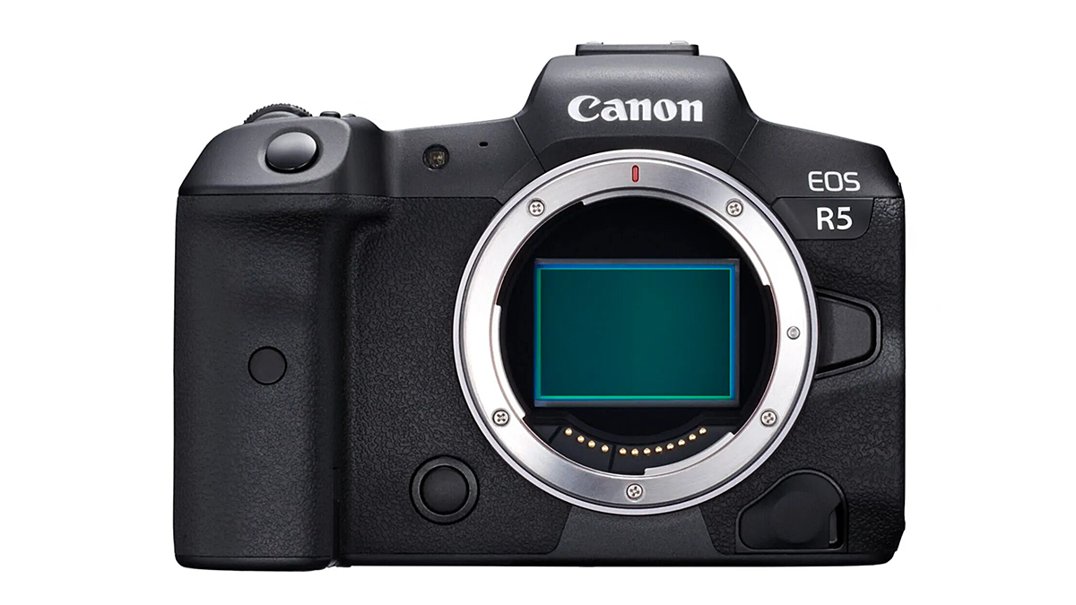 Canon EOS R5 no lens and shutter open revealing the 45 MP CMOS