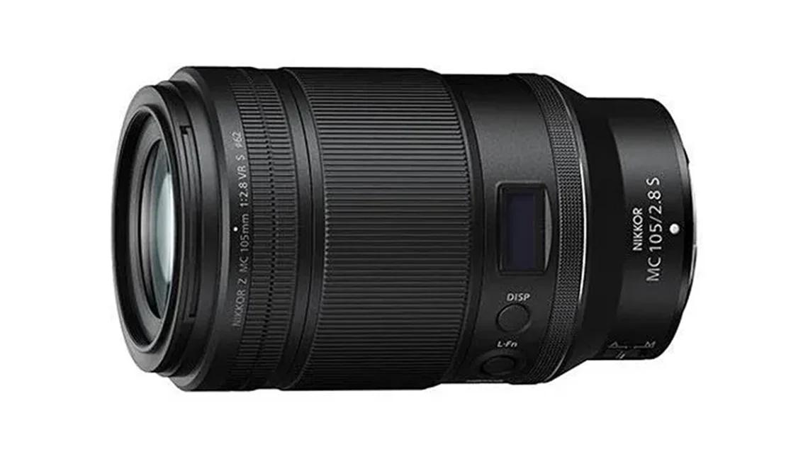 Nikon Nikkor Z 105mm F2.8S no caps on a white background