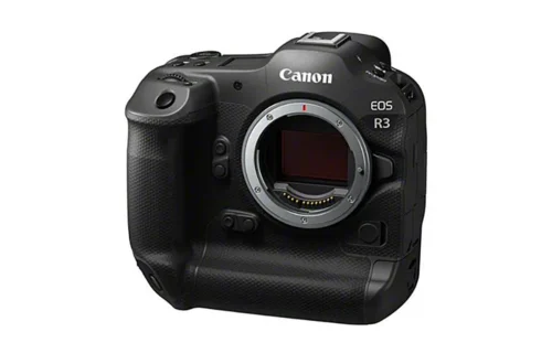 Canon EOS R3 angled on a white background