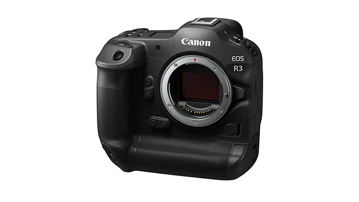 Canon EOS R3 angled on a white background