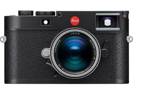 Leica M11 body in black paint matte finish with a chrome finish 50mm summilux attached.