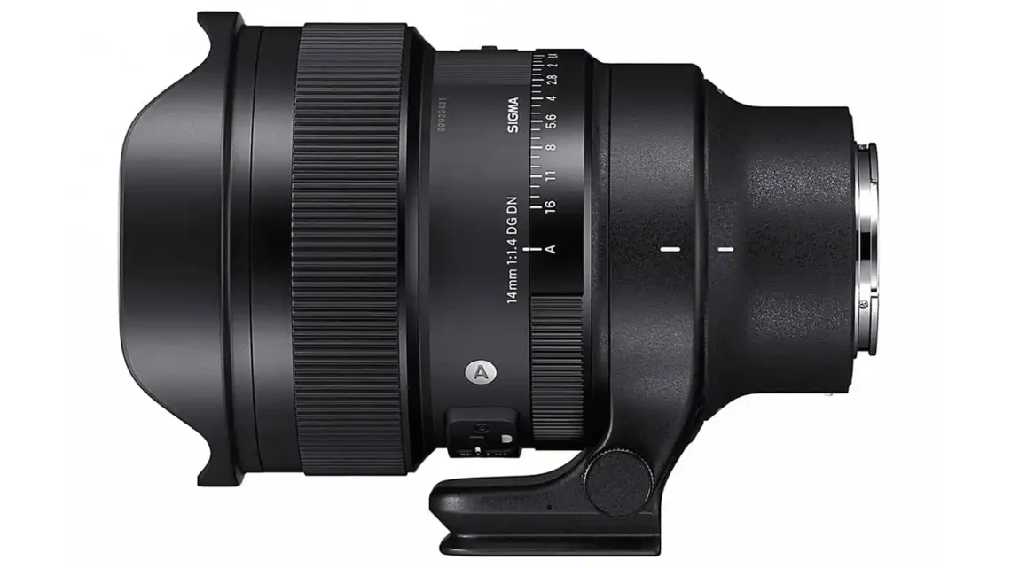 Sigma 14mm F1.4 DG DN side on with a white background.