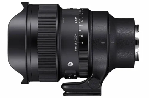 Sigma 14mm F1.4 DG DN side on with a white background.