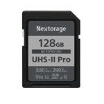Picture shows a Nextorage SDXC card on a white background