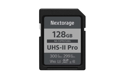 Picture shows a Nextorage SDXC card on a white background