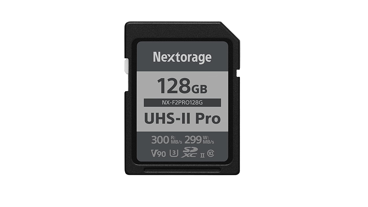 Picture shows a Nextorage SDXC card on a white background