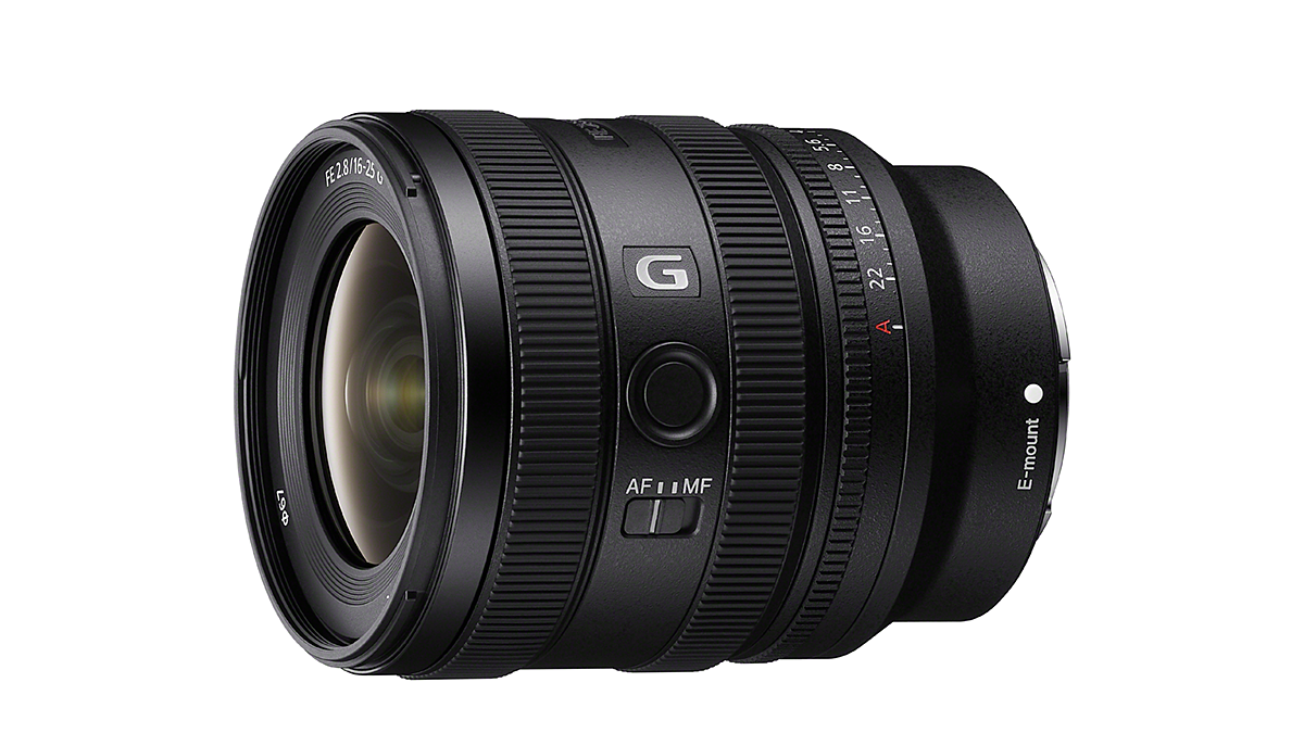 Sony FE 16-25mm F2.8 G zoom lens on a white background