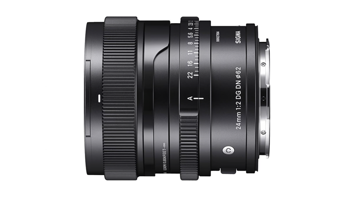 Beautiful little Sigma 24mm F2 DG DN C lens on a white background.