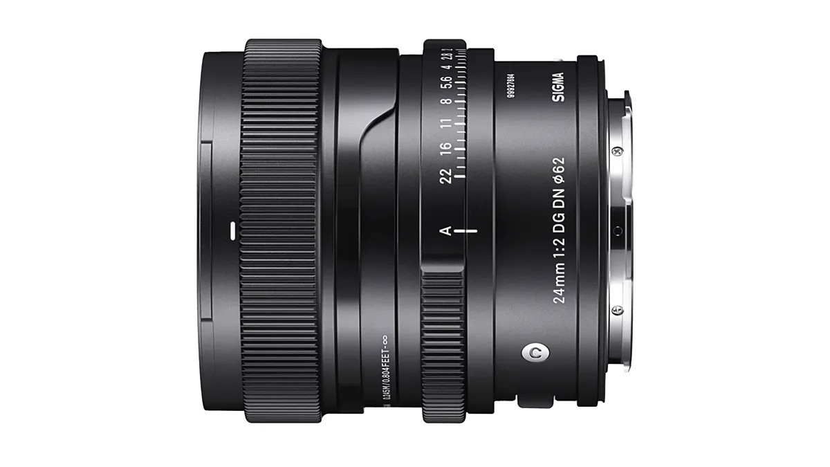 Beautiful little Sigma 24mm F2 DG DN C lens on a white background.