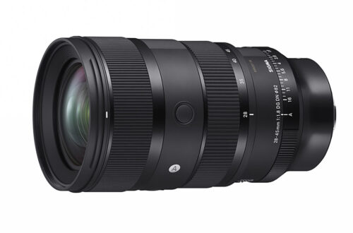 Sigma 28-45mm F1.8 zoom on white background.