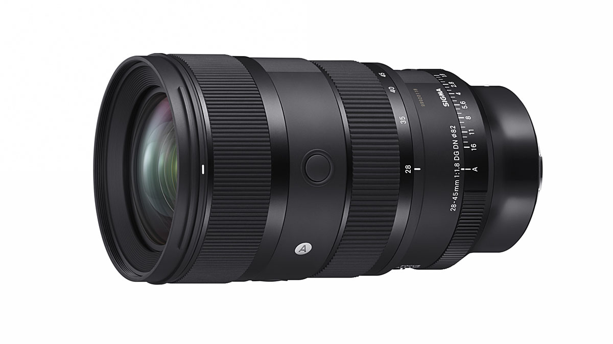 Sigma 28-45mm F1.8 zoom on white background.