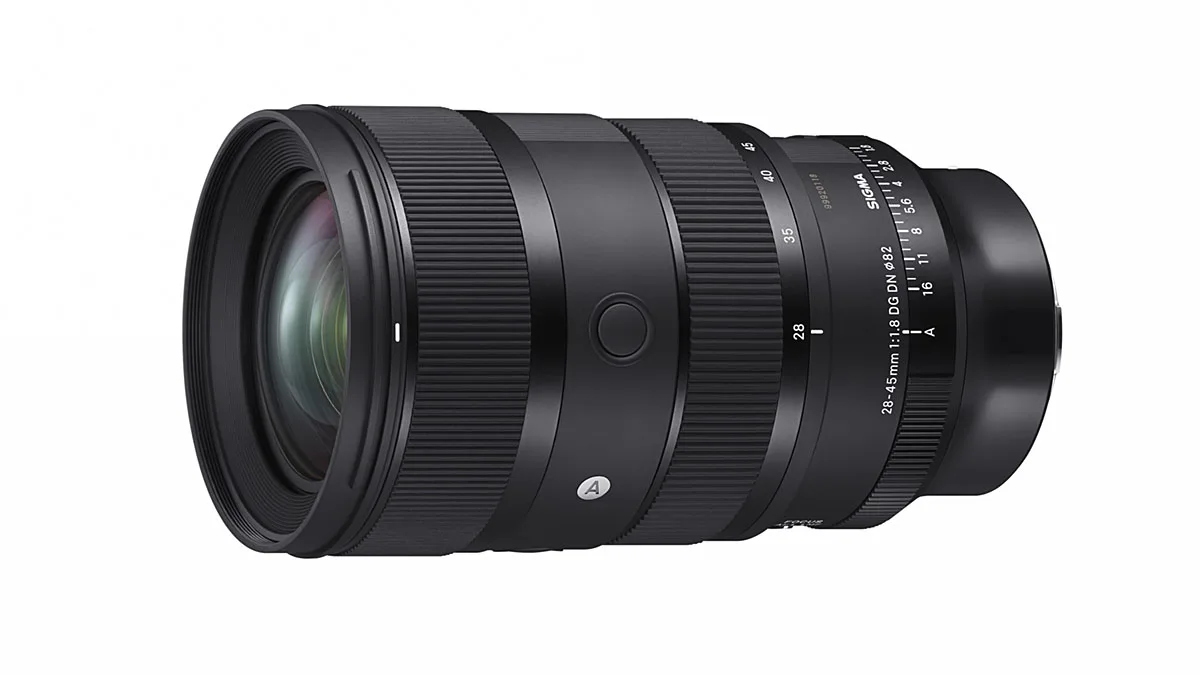 Sigma 28-45mm F1.8 zoom on white background.