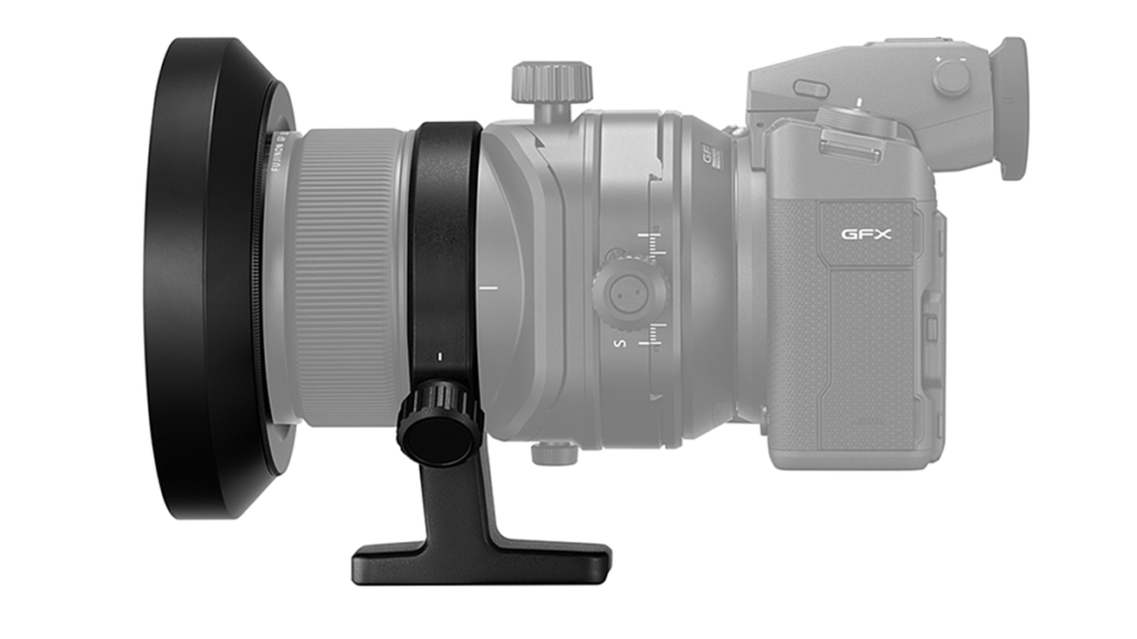Fujifilm lens hood and tripod foot shown on a grated out GF30mm lens and GFX 100 II