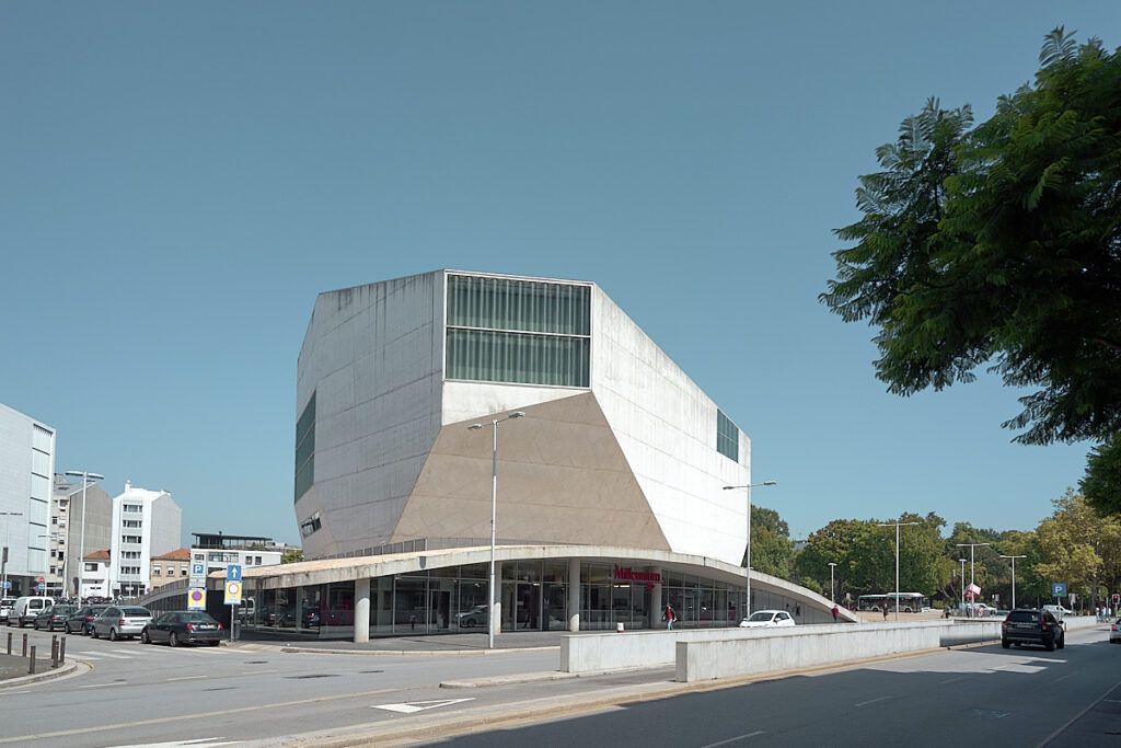 Angular building against a light blue sky