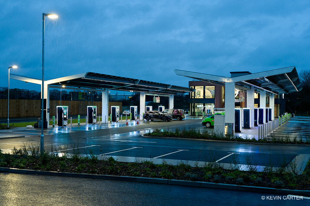 Low light shot taken during Storm Darragh of a new Grid Serve charging station.