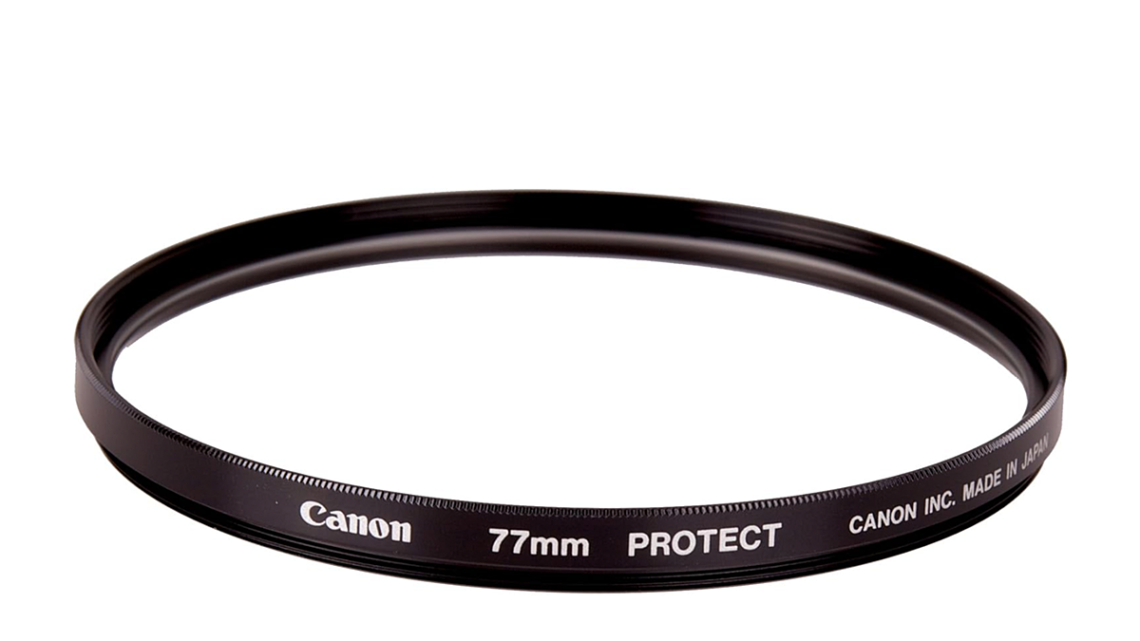 Glass 'Protector' filter made by Canon on a white background.