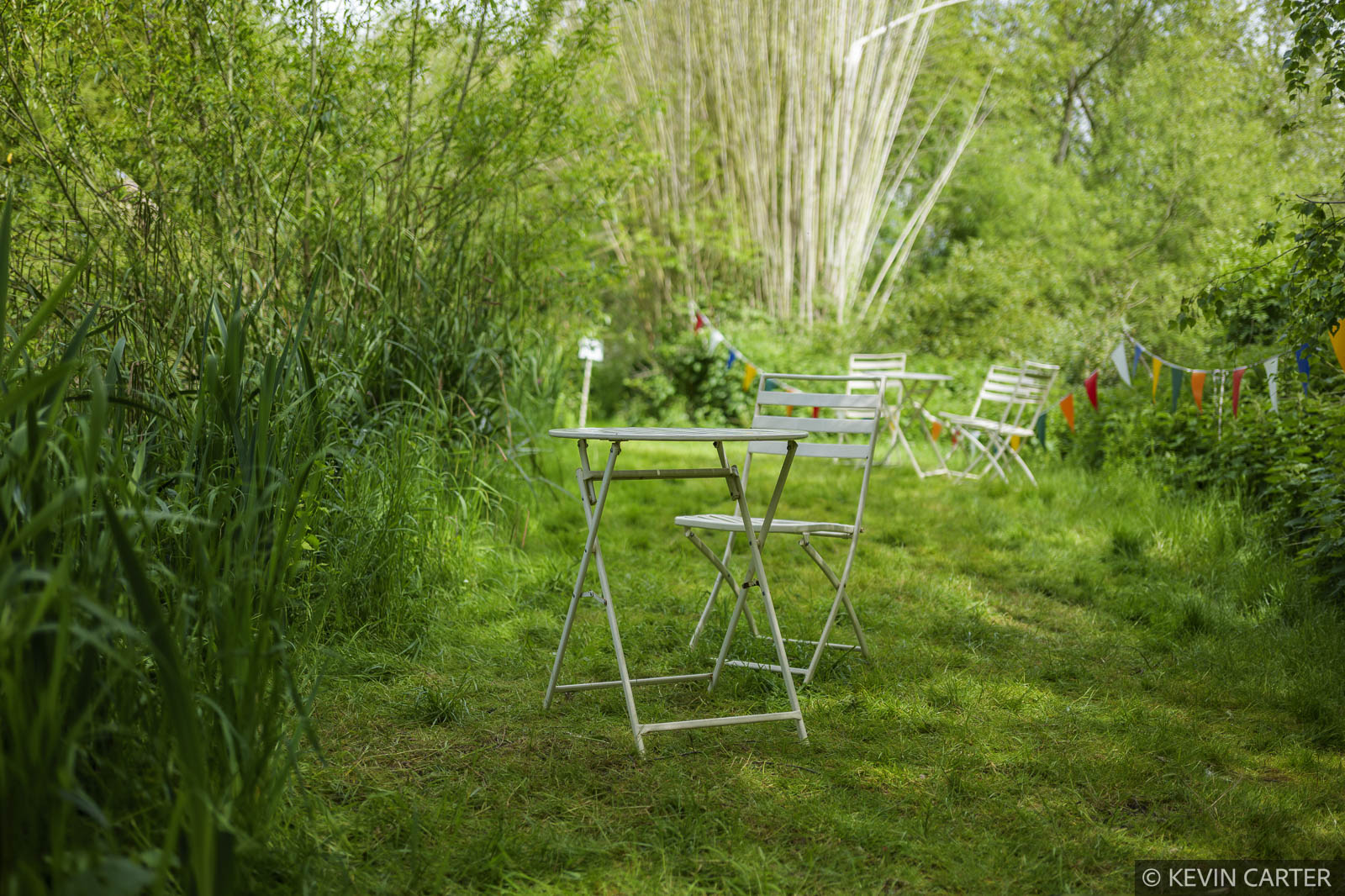 Table and chair beside a river